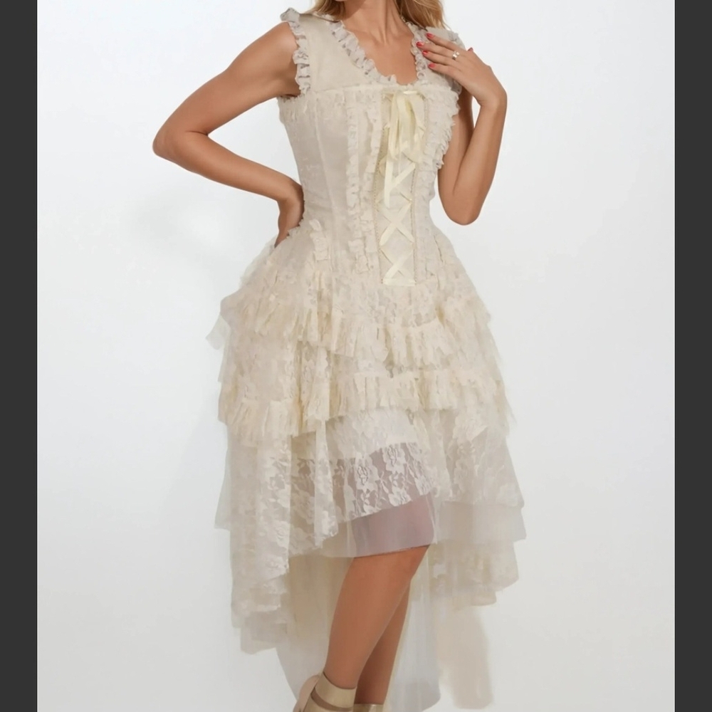 Cream Corset Lace Ruffled High-Low Dress Size XL